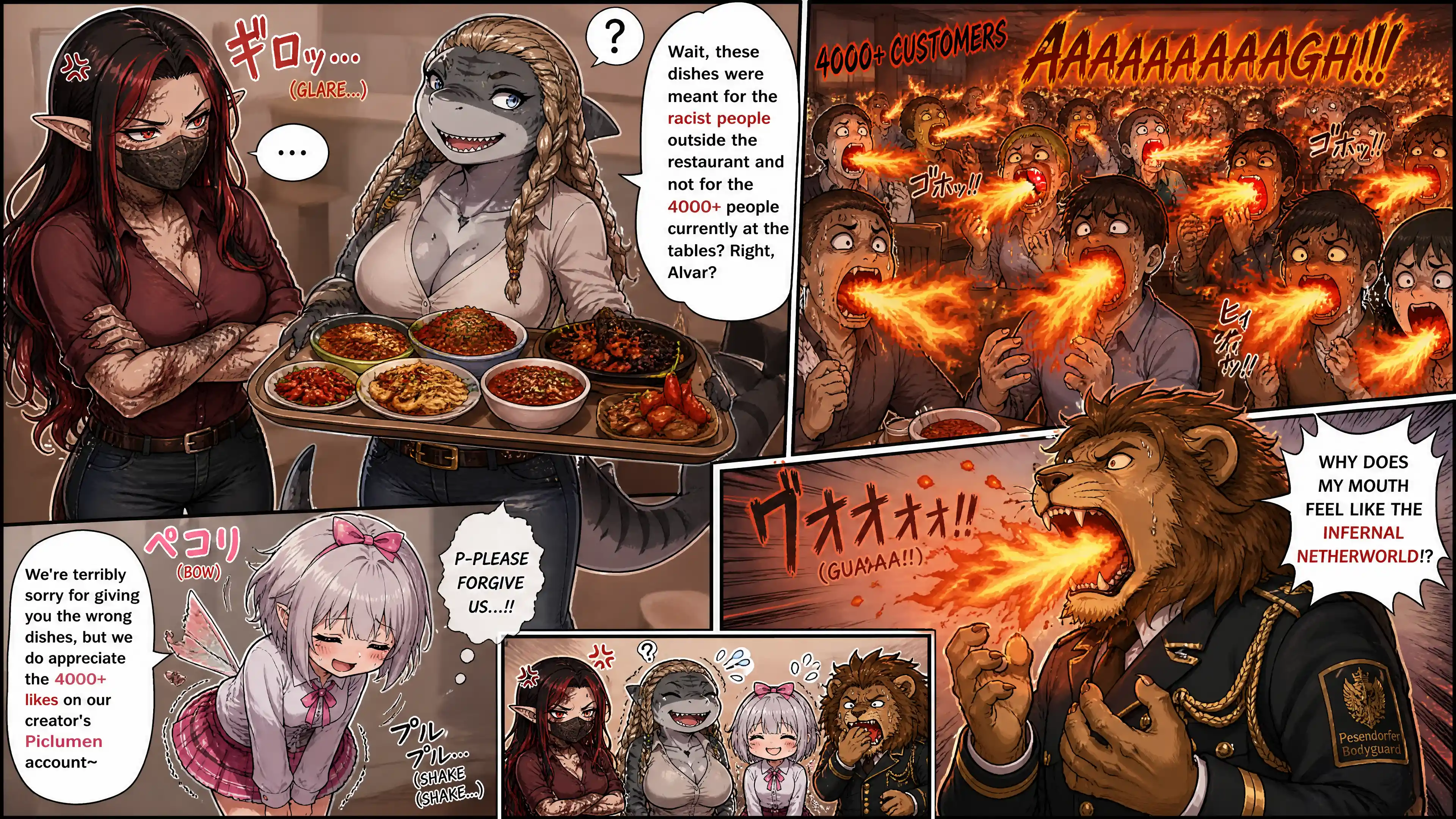 Elf chef glares at shark woman in chaotic restaurant