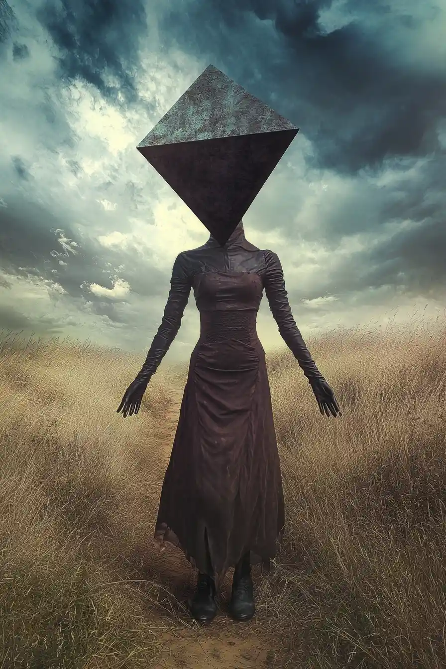 Surreal headless figure standing in dark twilight field