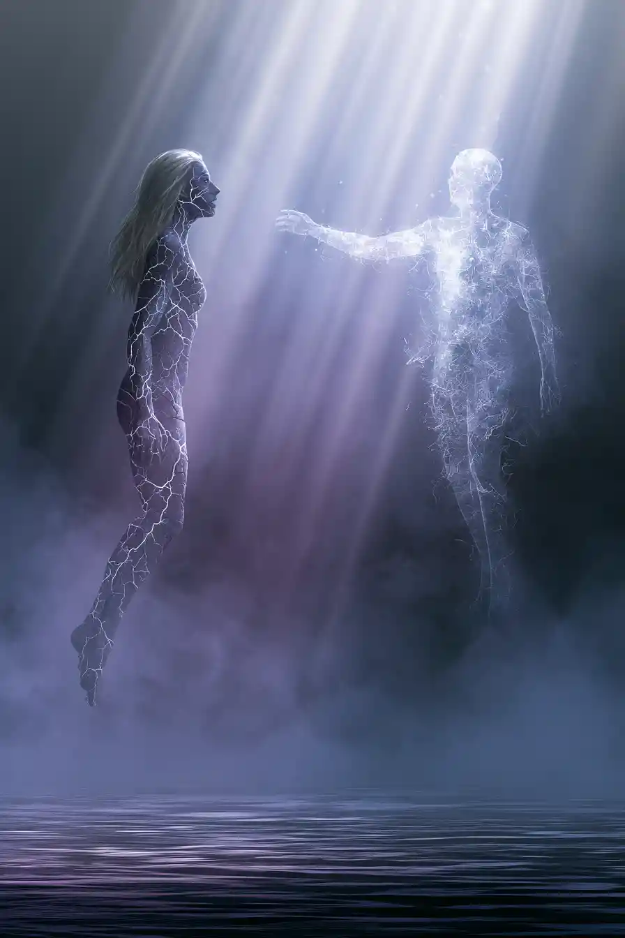 Ethereal woman facing a luminous fragmented spirit figure