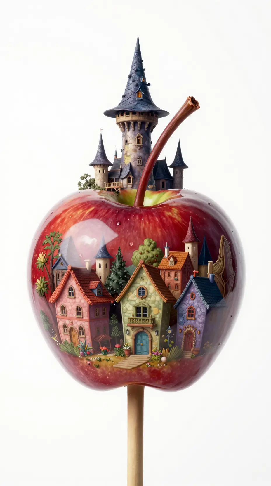 Manzana acaramelada surrealista con una diminuta aldea europea de fantasía
