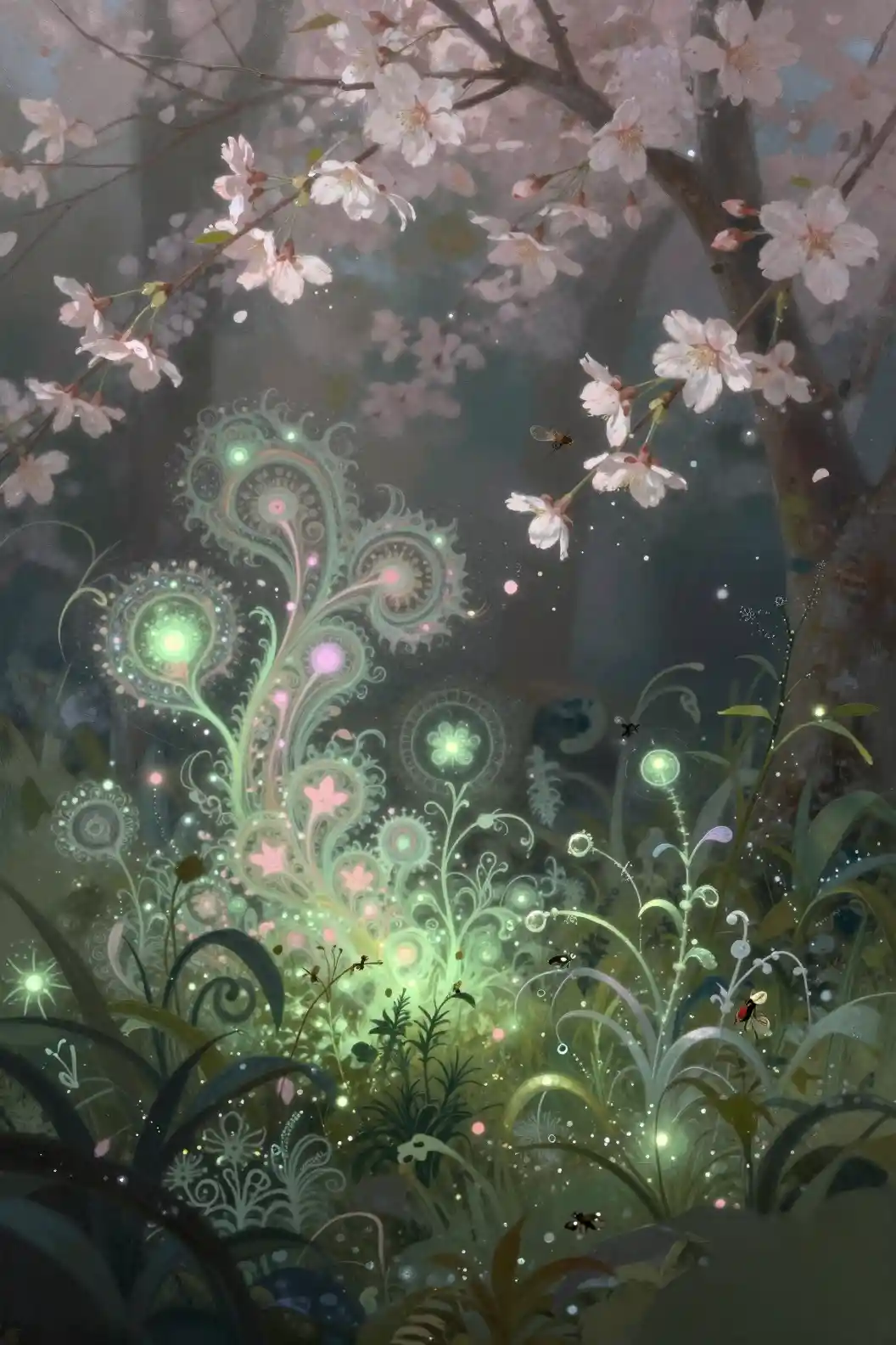 Dreamy botanical landscape with glowing fractal foliage