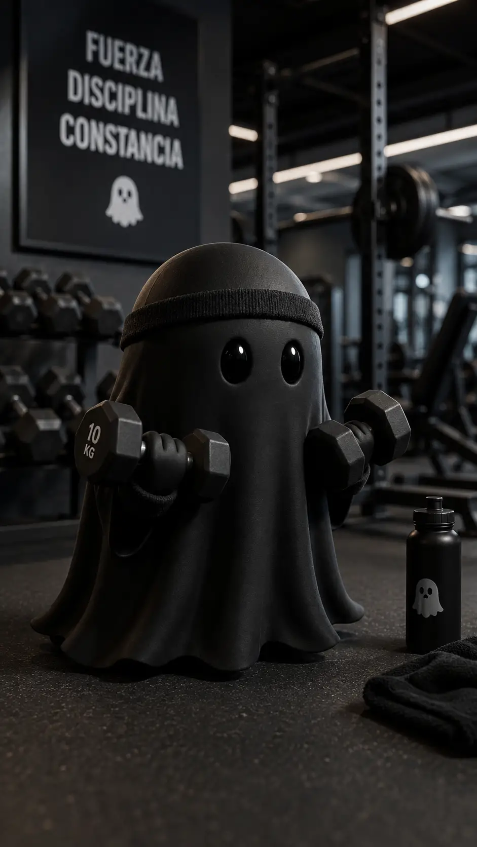 Cute black mini ghost working out in a gym