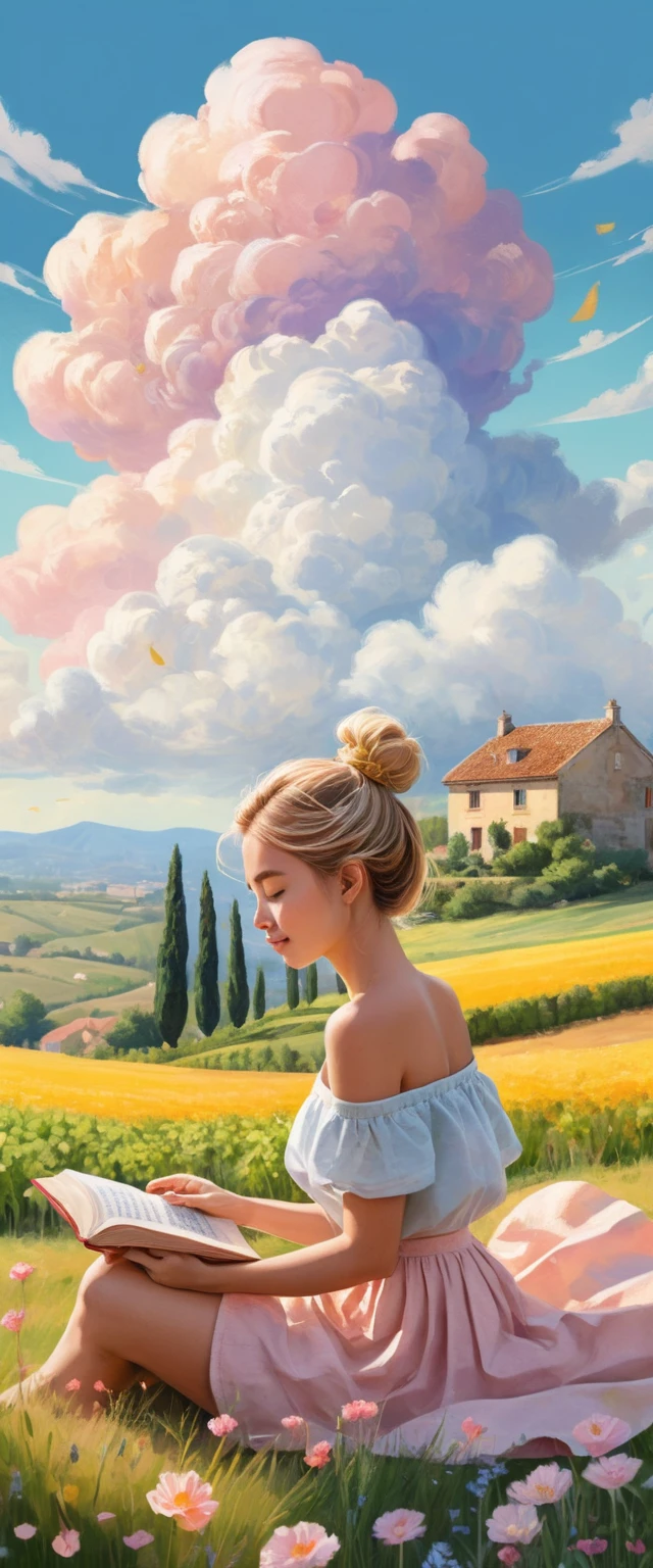 Ätherische blonde Frau, die entspannt auf einer Wolke über der Erde liegt
