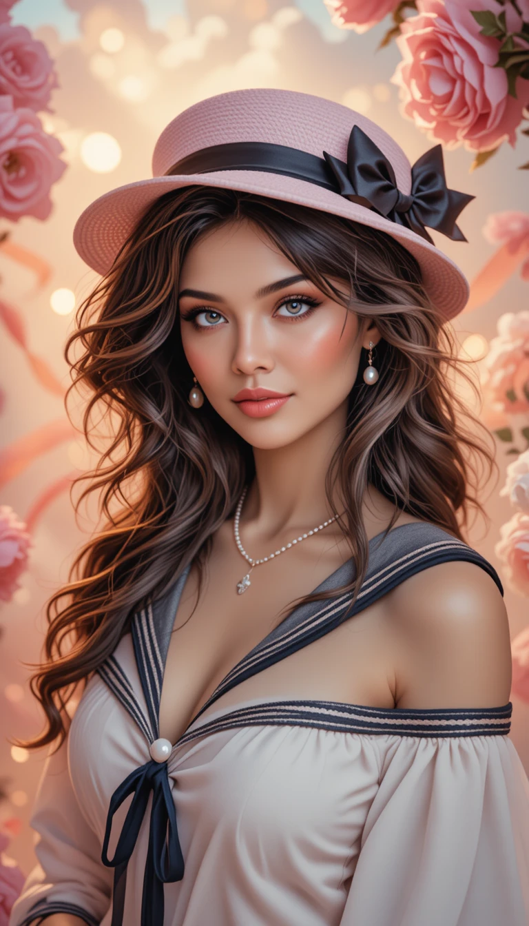Joven con sombrero rosa entre nubes de rosas de ensueño