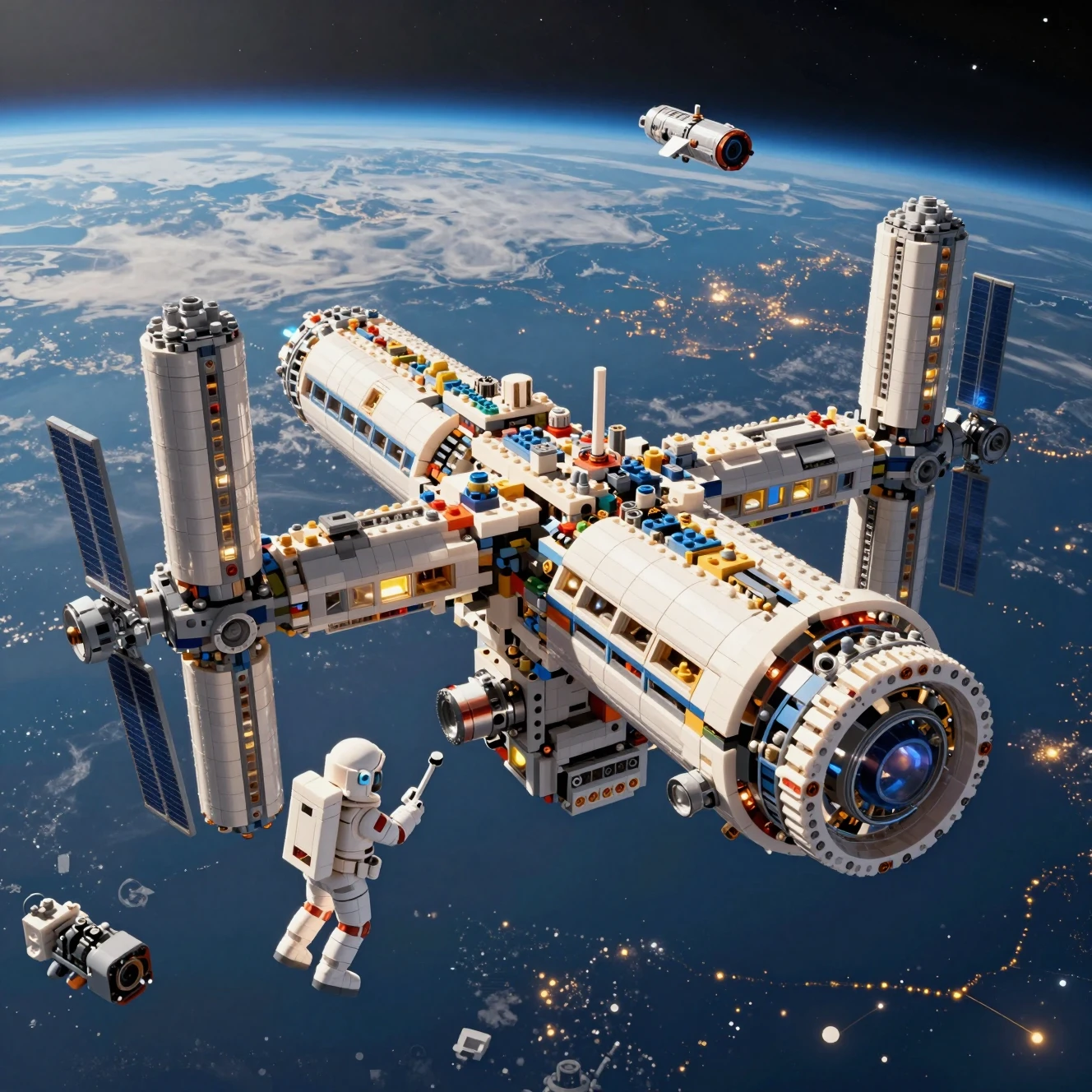 Gigantic Brick Space Station Orbiting Above Earth
