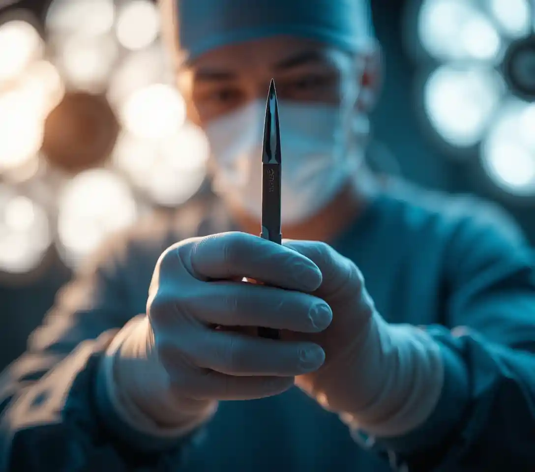 Surgeon hands poised with scalpel in dramatic operating room