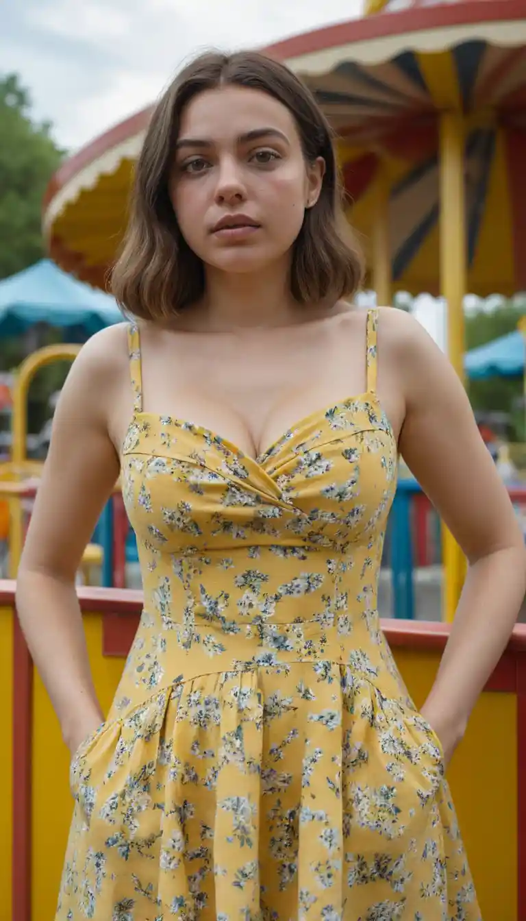 Scared woman in yellow sundress at an amusement park