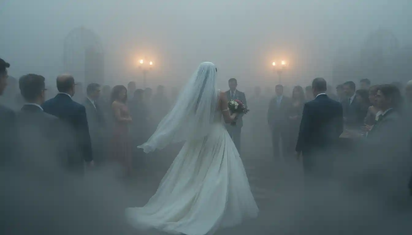 Bride fleeing an arranged wedding in thick mystical fog