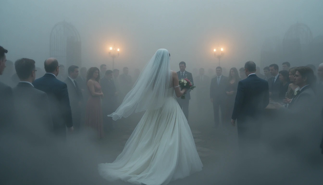 Mariée fuyant un mariage arrangé dans un épais brouillard mystique
