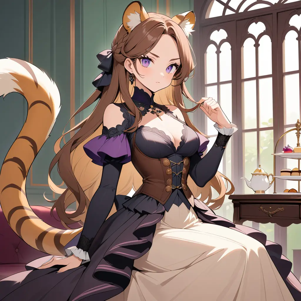 Mujer elegante con orejas de tigre en vestido de encaje neovictoriano