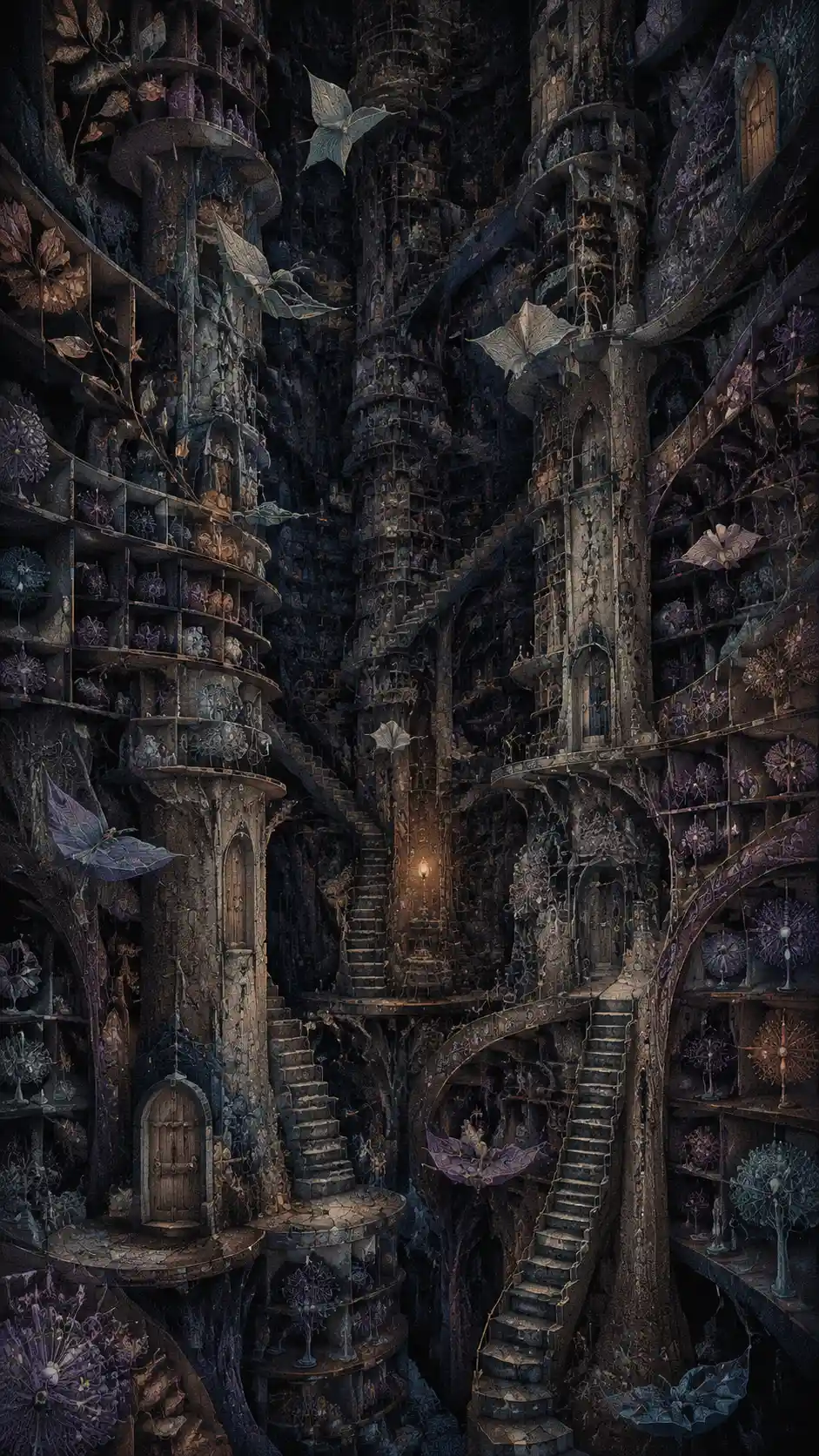 Surreal towering library with organic shelves and one warm light