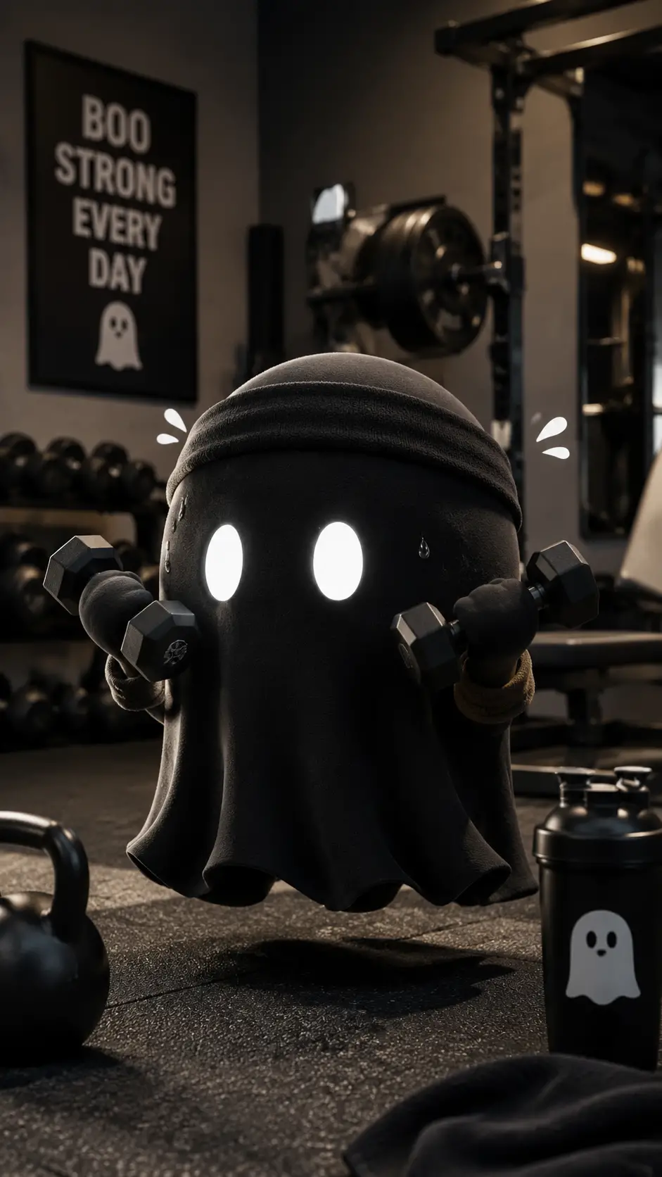 Cute little black ghost exercising in a bright gym