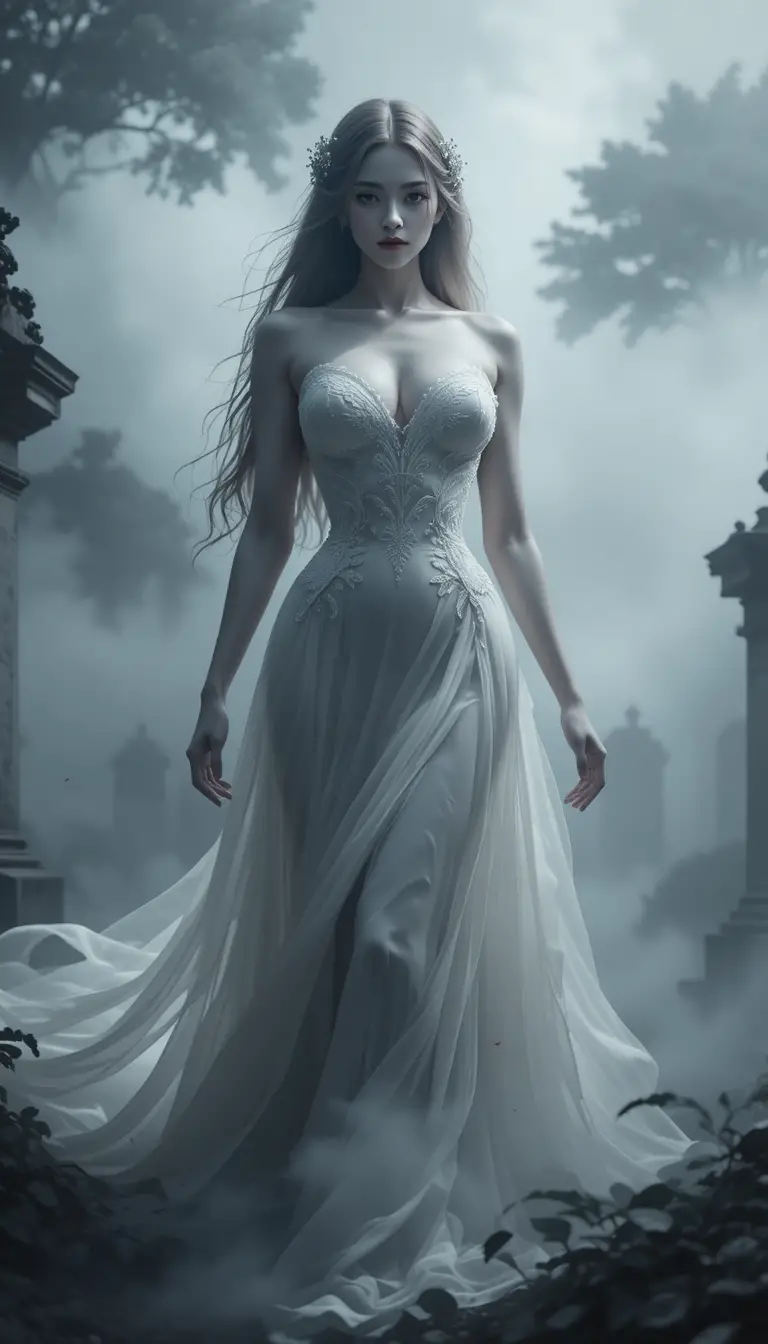 Sensual bride emerging from dense fog in dark cemetery