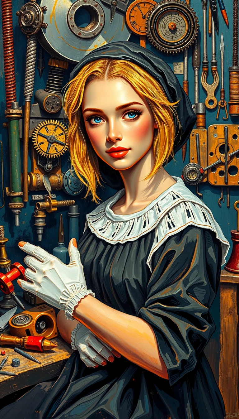 Ritratto a impasto di una donna concentrata in un laboratorio steampunk