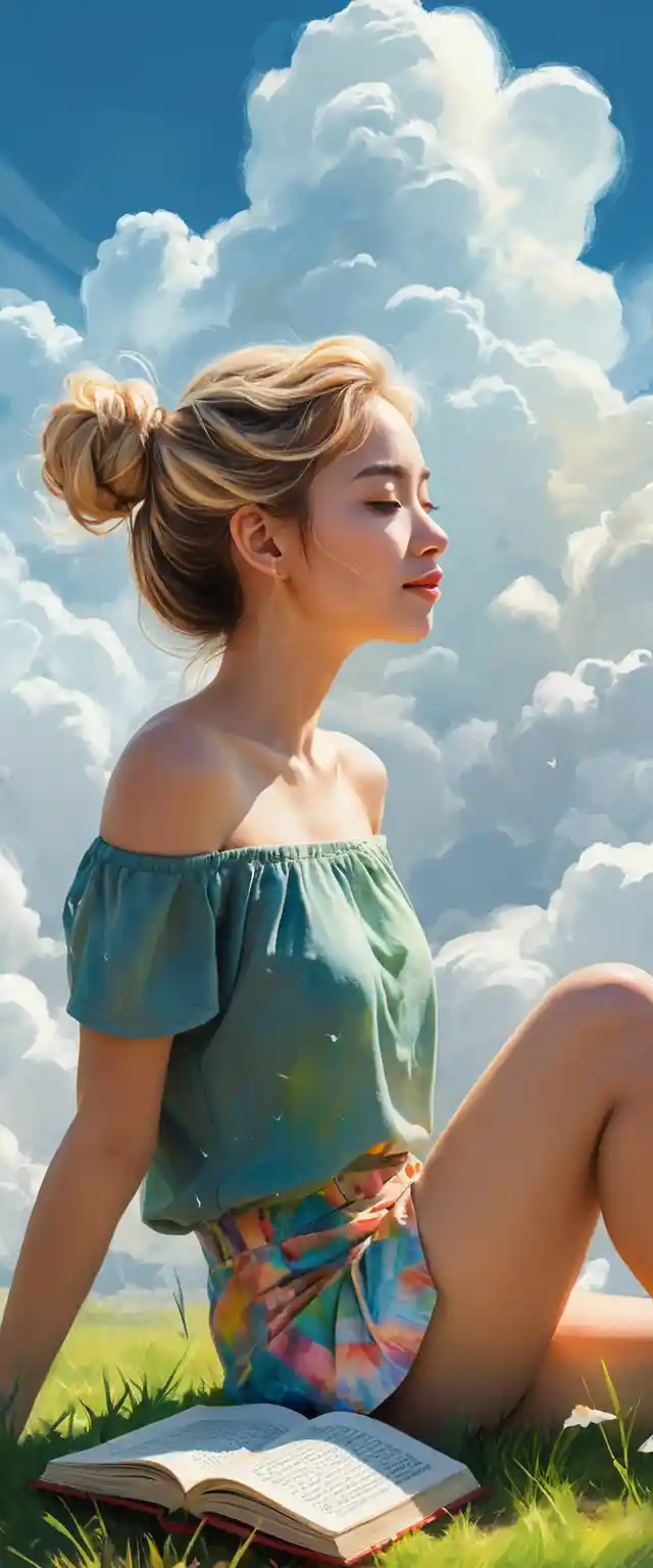 Ethereal blonde woman on a cloud above wild green landscape
