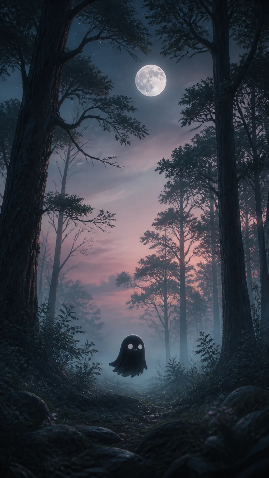Tiny black ghost drifting in a misty moonlit forest