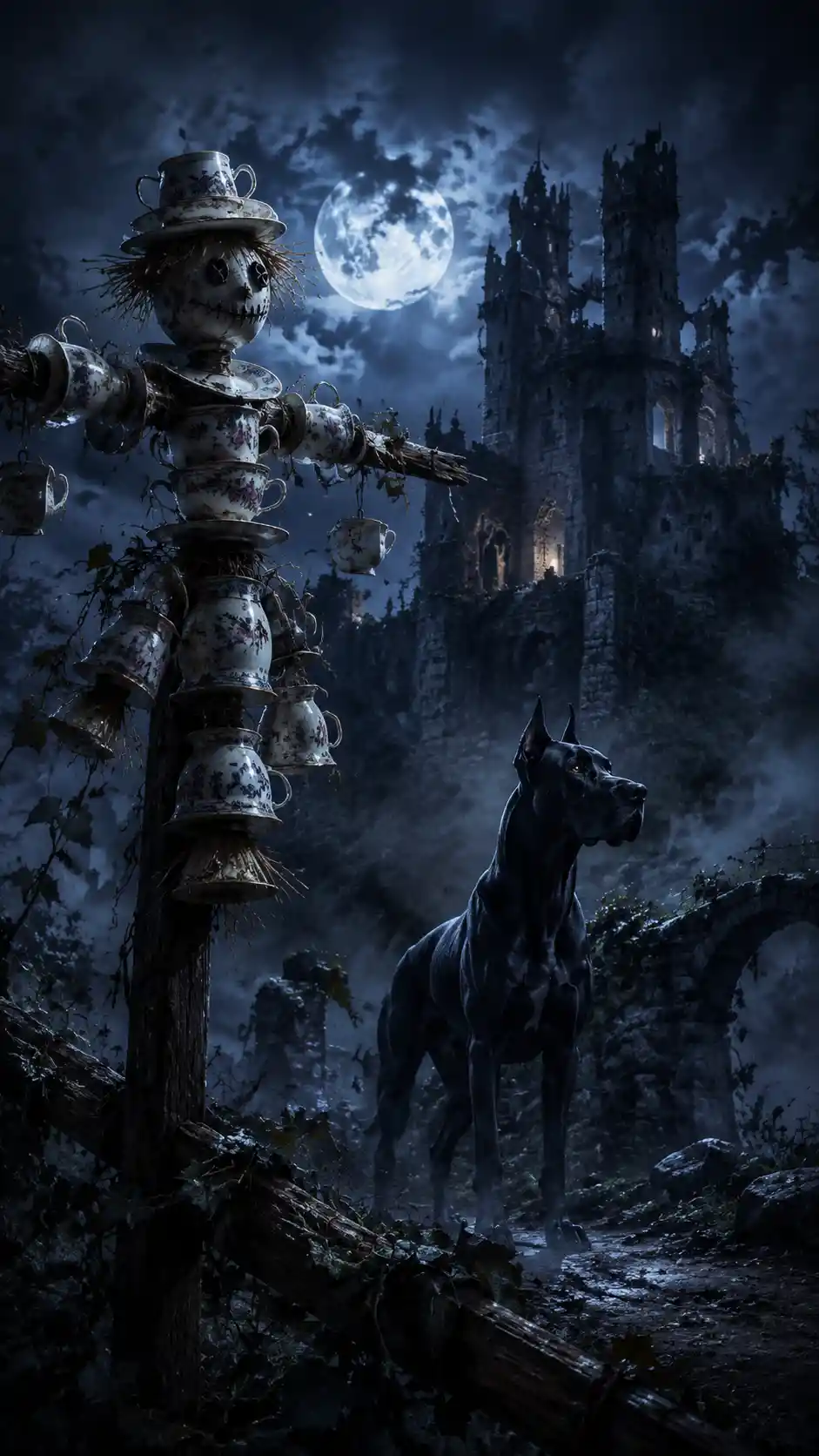 Scarecrow Of Teacups On A Fence In Moonlit Field