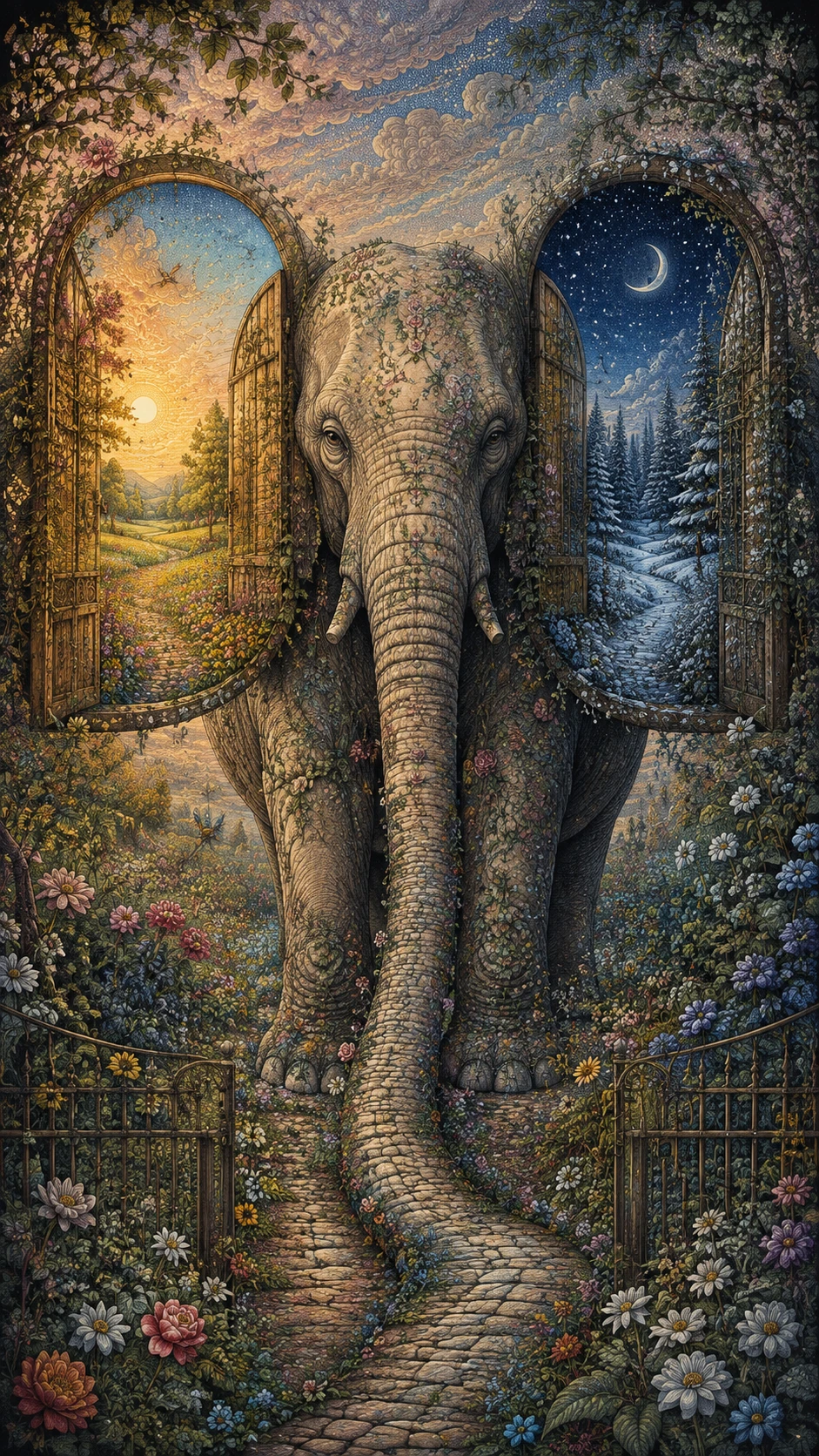 Portal Surreal de Elefante junto a un Vasto Jardín Fantástico