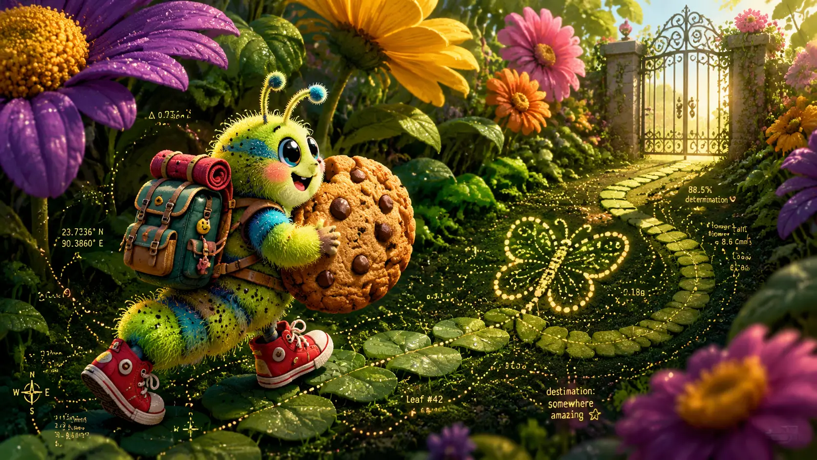 Oruga tierna con mochila arrastrándose hacia la puerta del jardín
