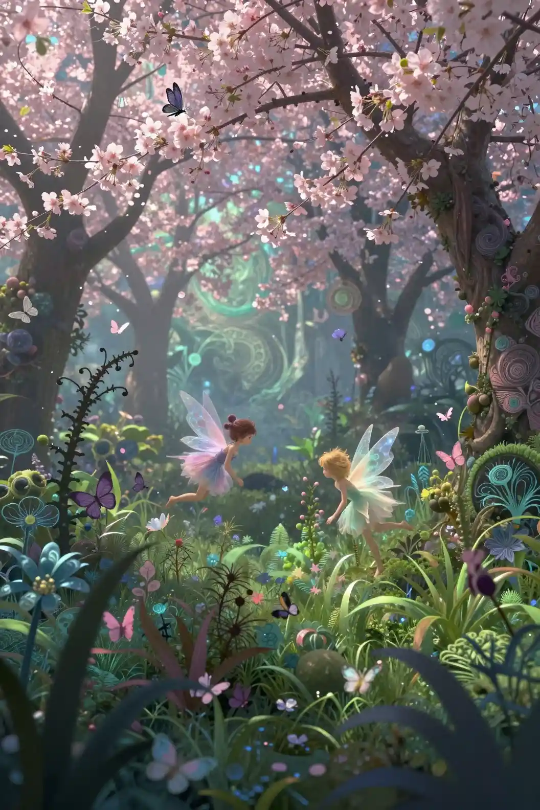 Whimsical fairies in a glowing pastel botanical dreamscape