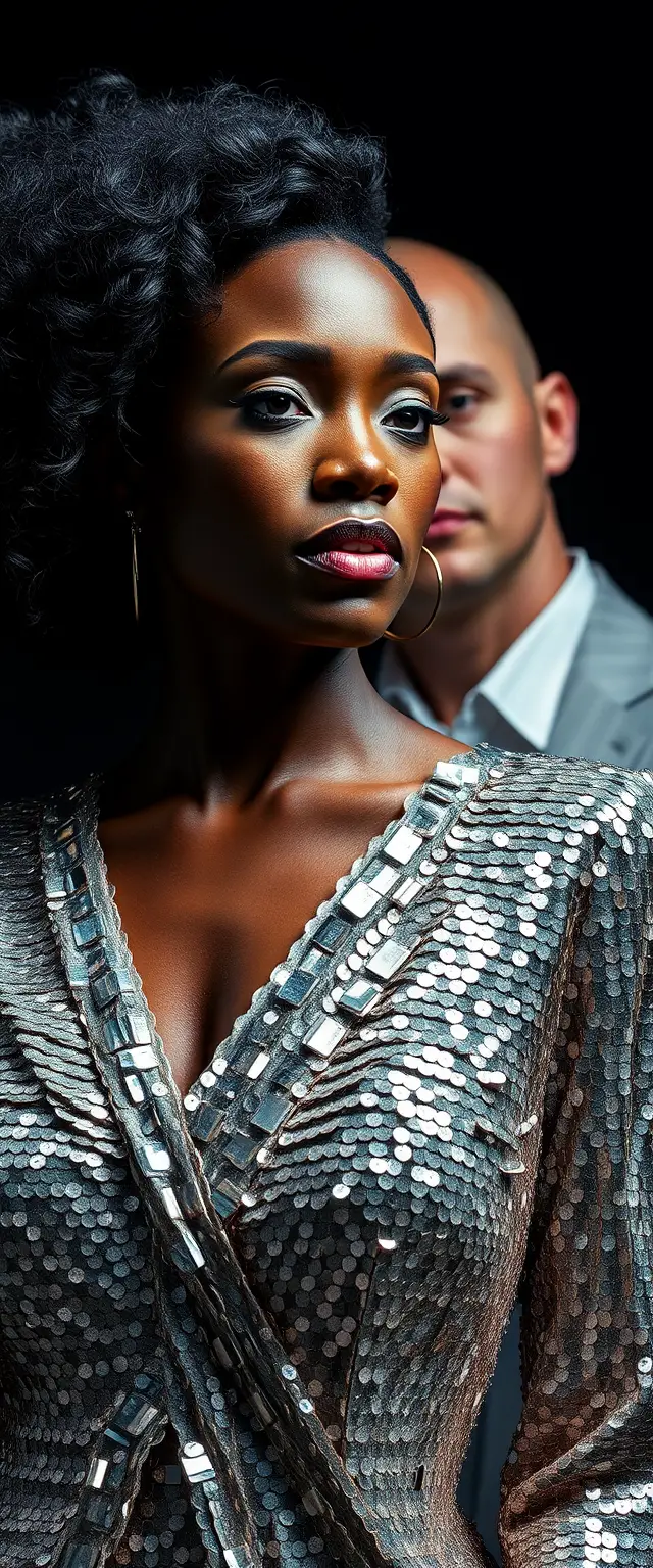 Afro American woman in sequin dress with sculptural male figure