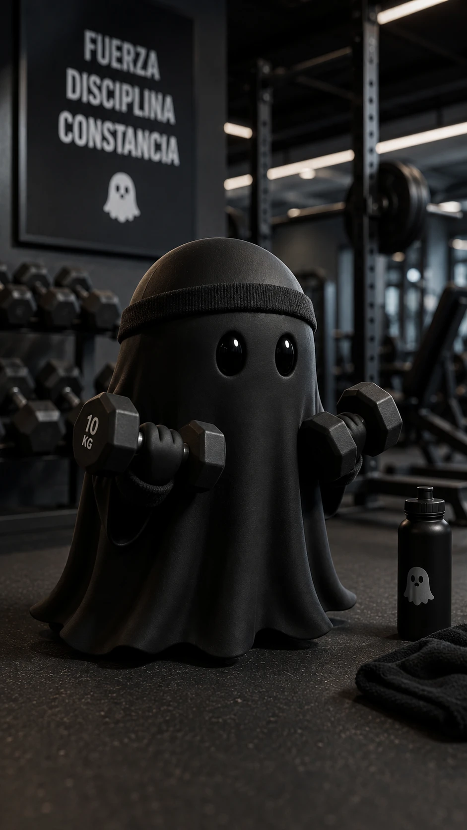 Cute black mini ghost working out in a gym