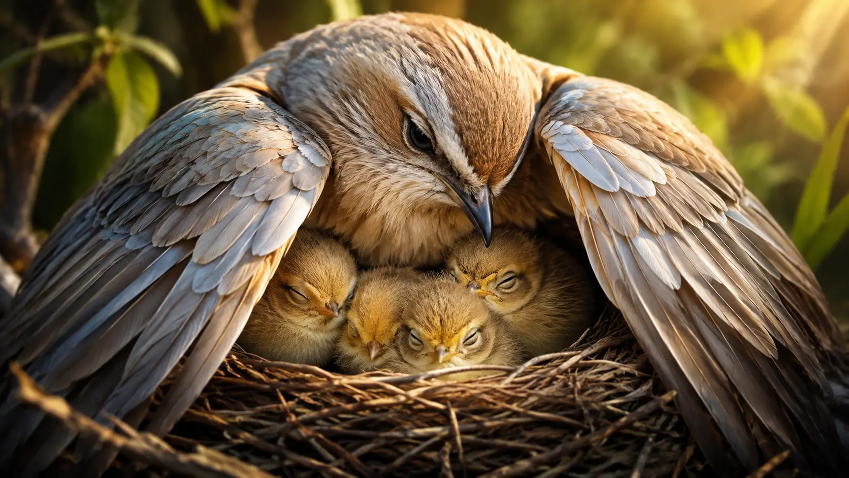 Maman oiseau abritant ses oisillons sous ses ailes chaleureuses