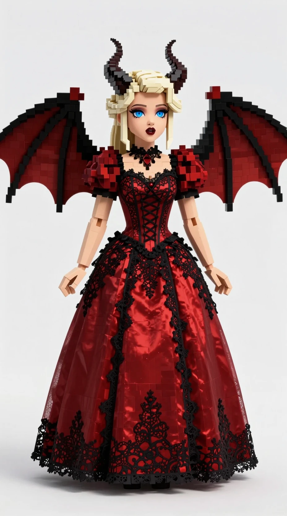 Princesa gótica con cuernos en vestido de encaje rojo y alas de murciélago