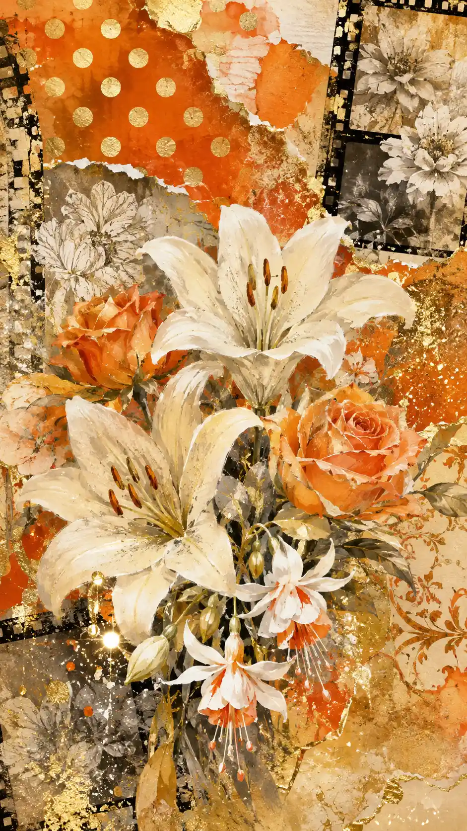 Floral bouquet in mixed media collage with warm abstract background