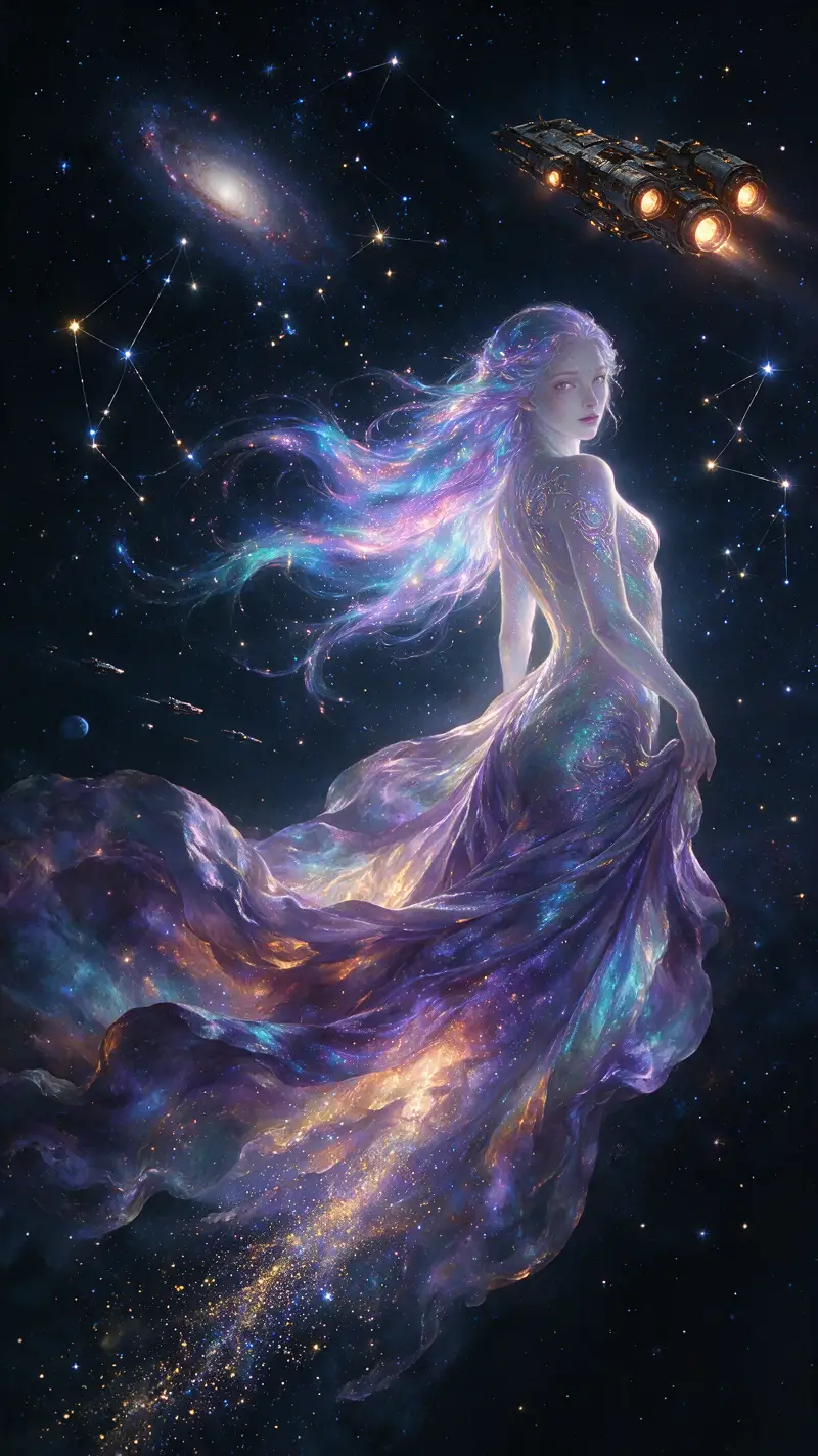 Spectral aurora mermaid swimming through a star filled sky
