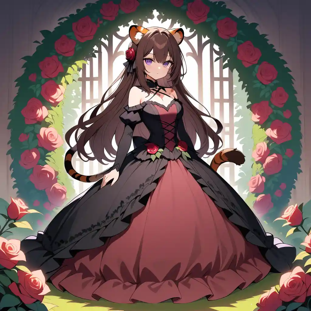 Tiger eared gothic woman in red gown in rose garden
