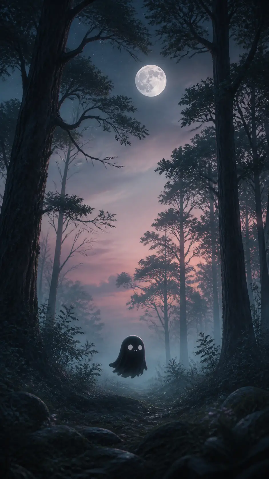 Winziger schwarzer Geist, der durch einen nebligen, mondbeschienenen Wald schwebt