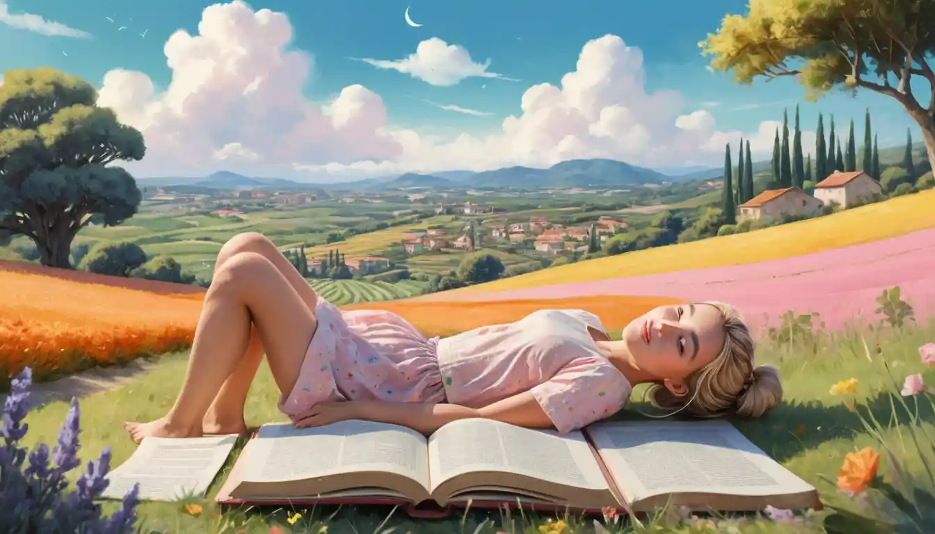 Blonde woman lying on a cloud above green landscape
