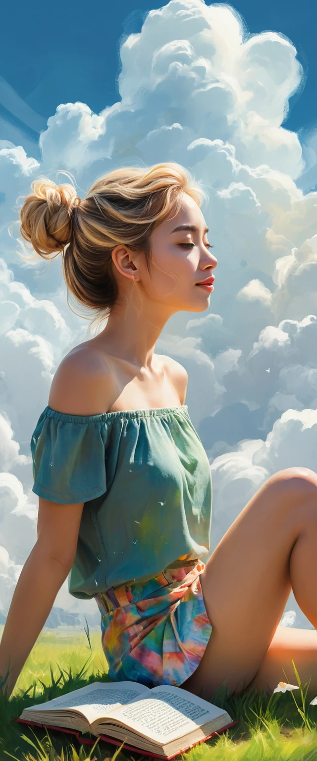 Ethereal blonde woman on a cloud above wild green landscape