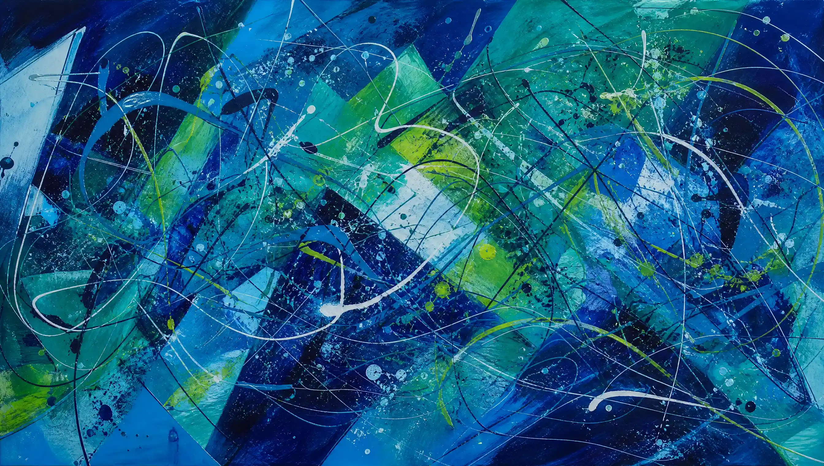 Forme geometriche astratte in blu e verde con linee fluide