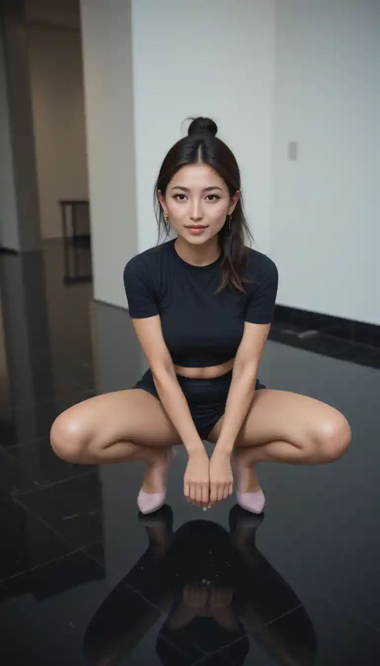 Young woman selfie on reflective dark indoor floor