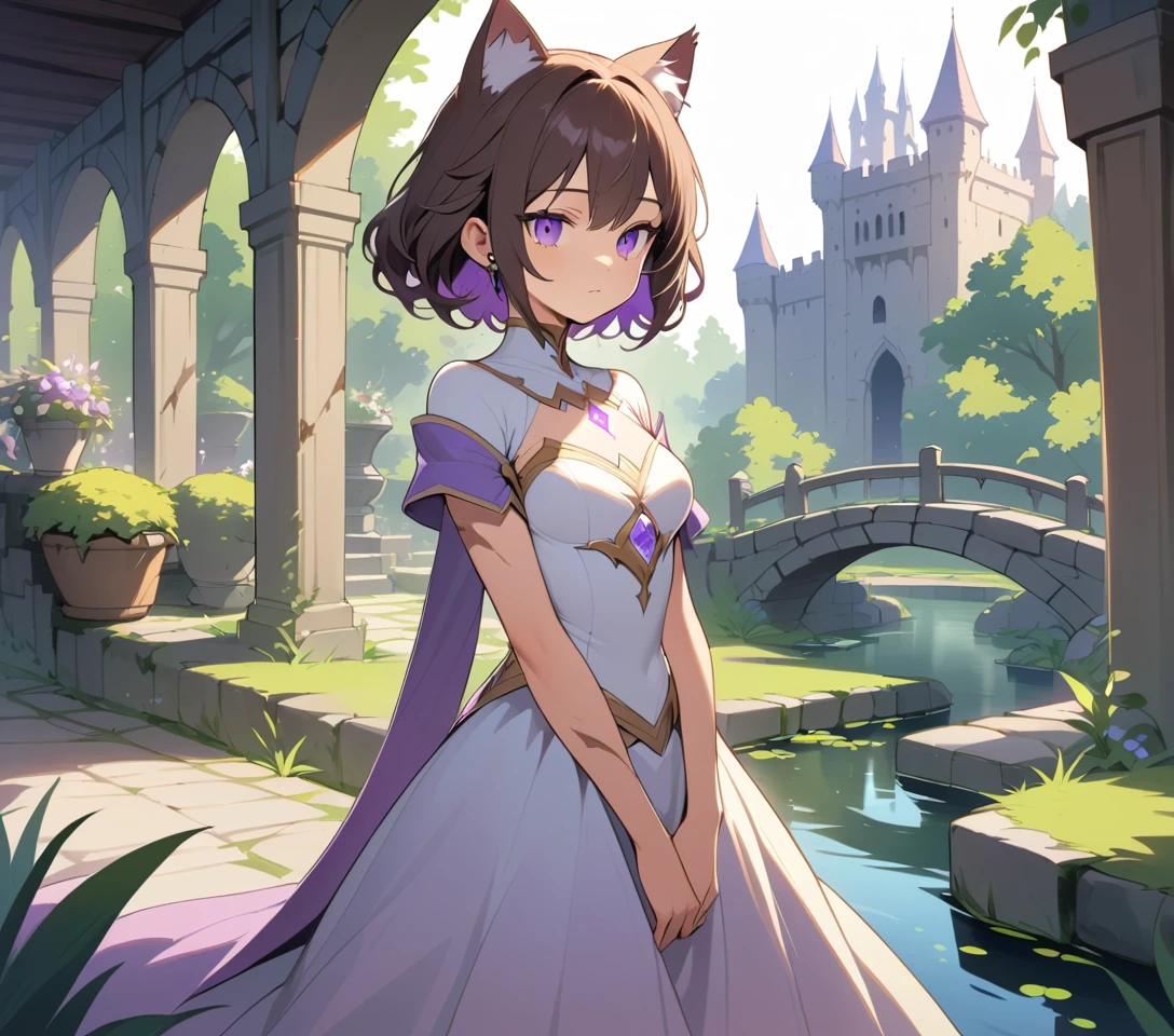 Mistica principessa felina in un sereno giardino di castello medievale