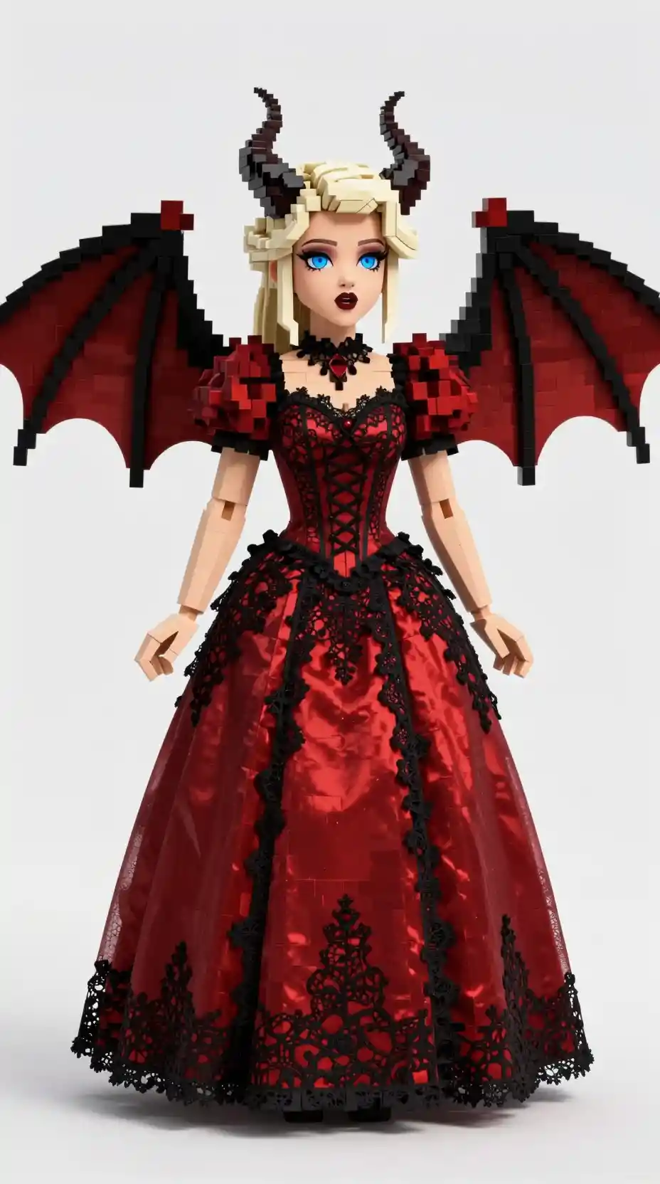 Gothic horned princess in red lace dress with bat wings
