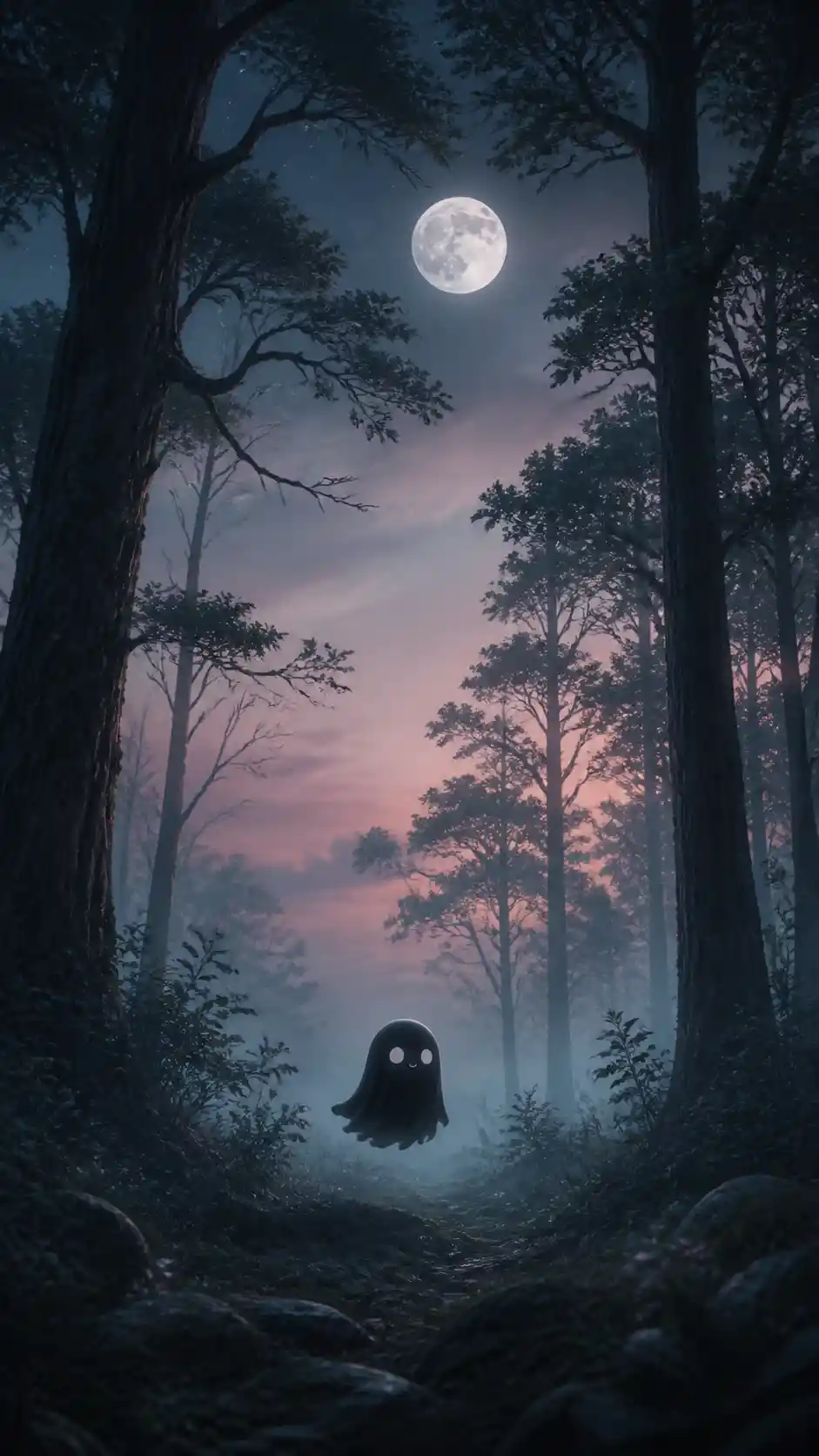 Winziger schwarzer Geist, der durch einen nebligen, mondbeschienenen Wald schwebt