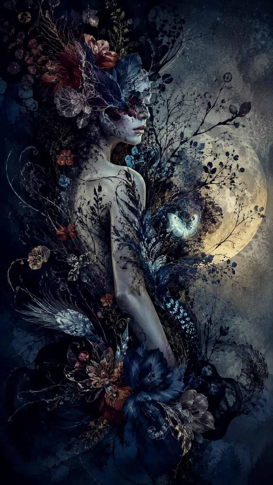 Mujer surrealista disolviéndose en un lujoso jardín nocturno de fantasía