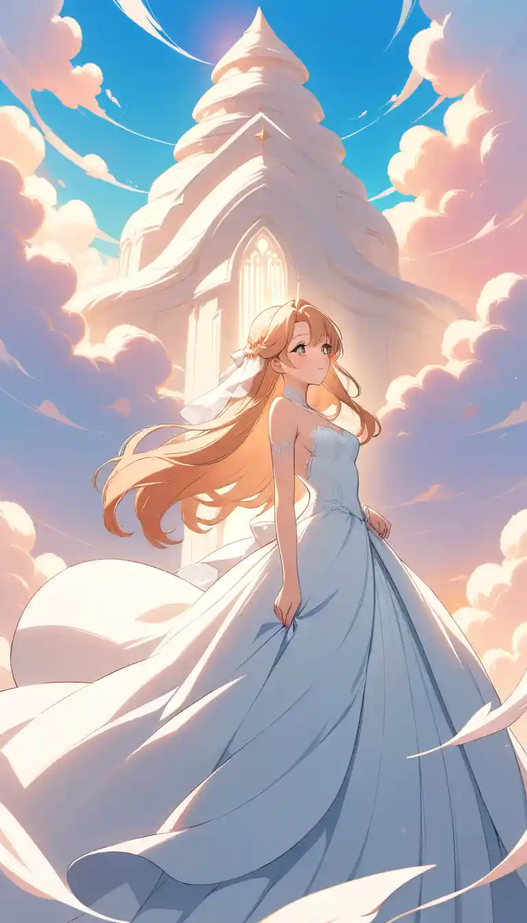 Anime-Braut auf einem nebligen Hügel, umgeben von Wolken
