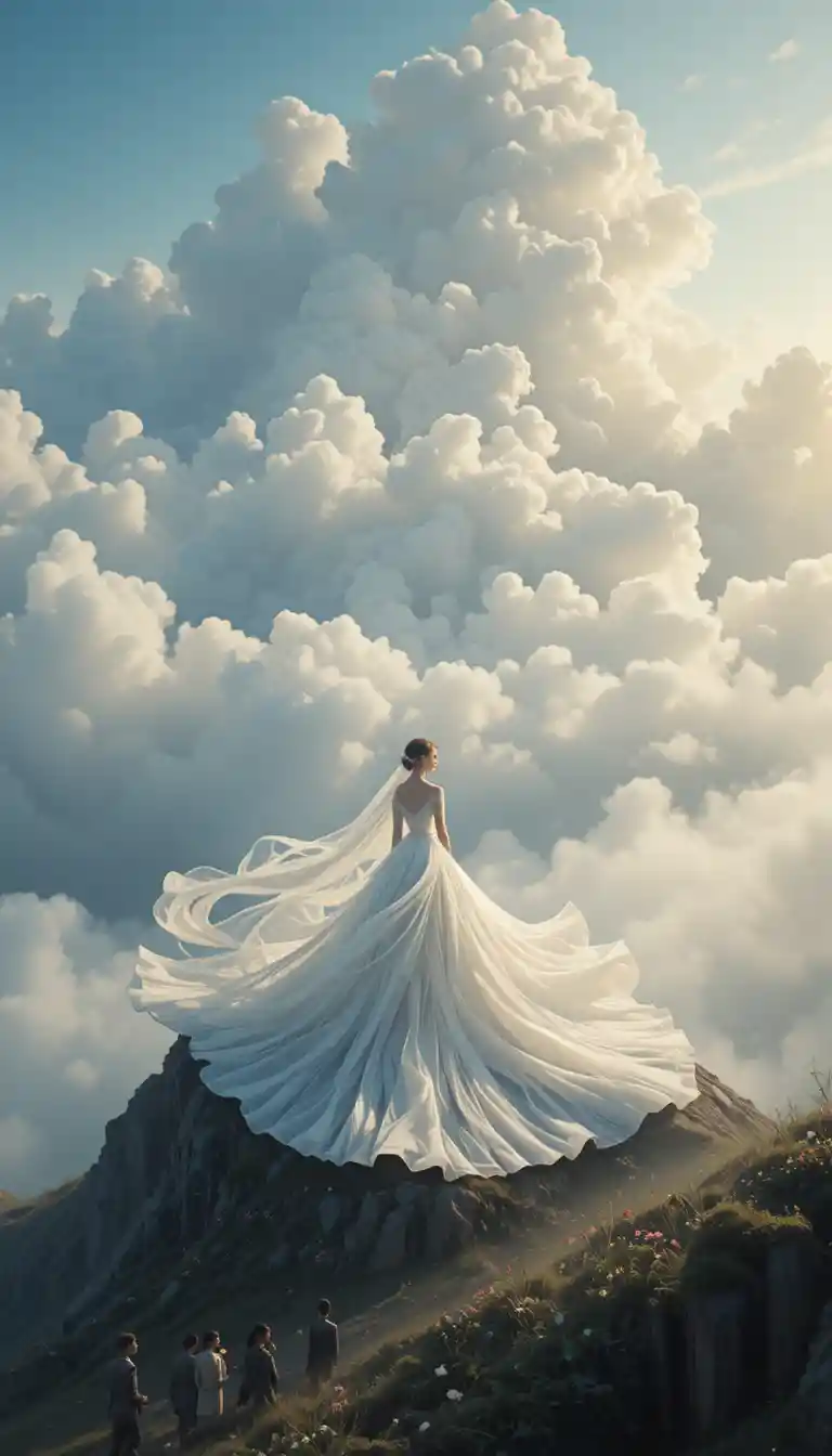 Sposa anime su una collina avvolta nella nebbia con abito fluente