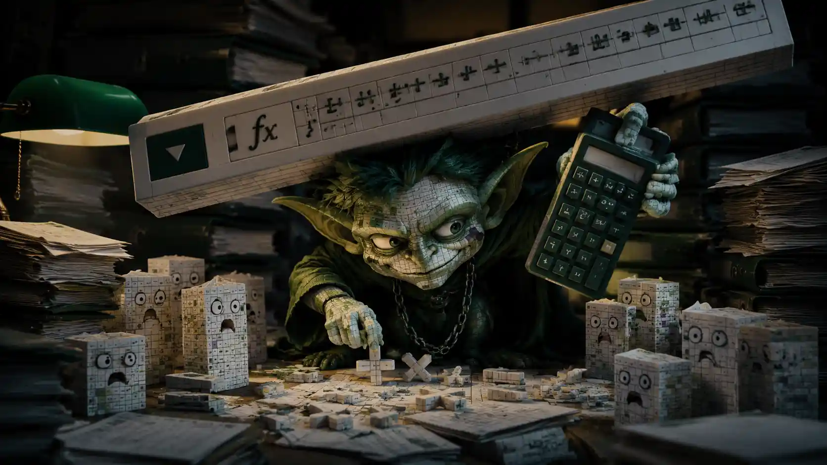Selbstzufriedener Tabellenkalkulations-Goblin, der Symbole im Datenchaos manipuliert