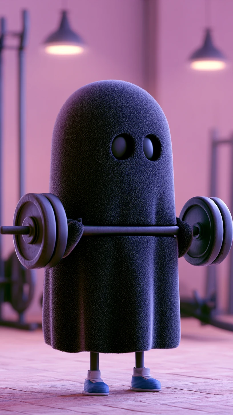 Cute little black ghost working out inside a gym
