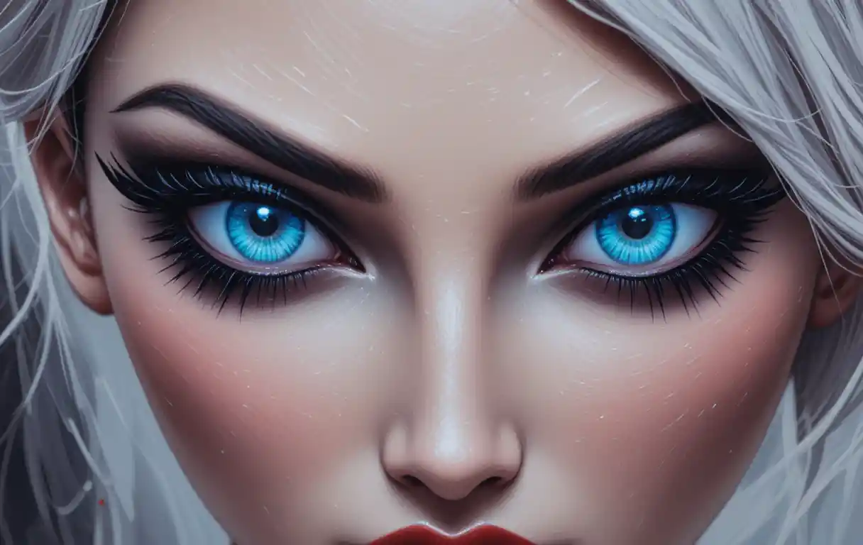 Extreme close up of cybernetic blue eyes with bold makeup