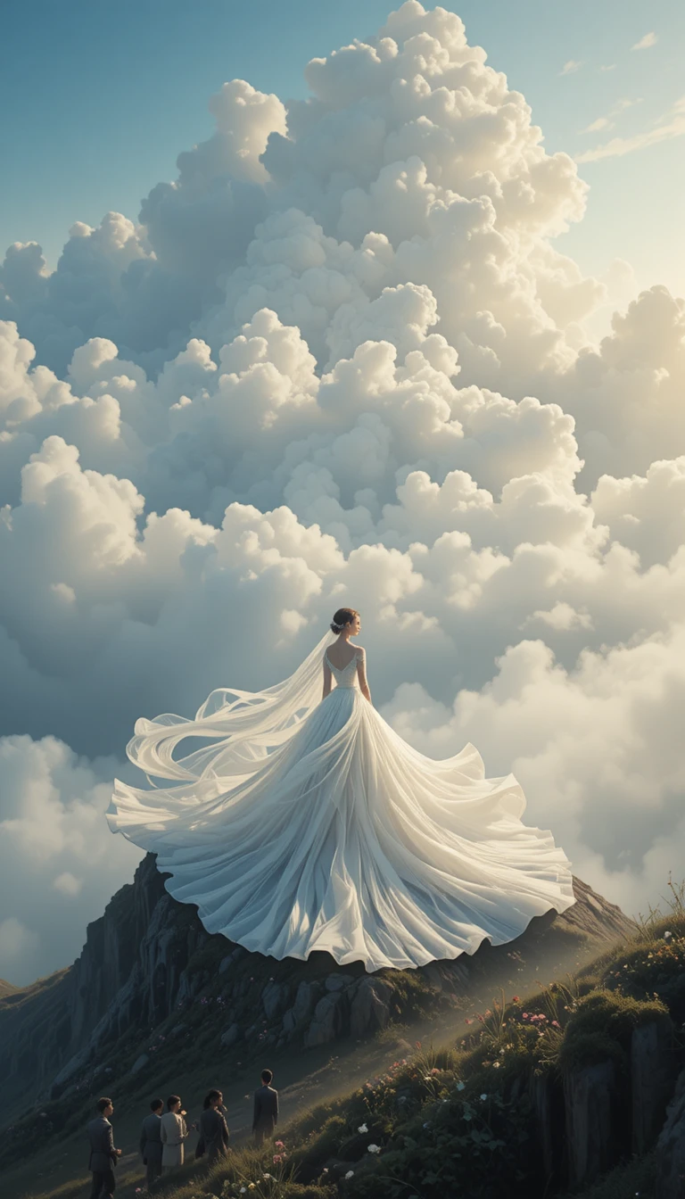 Anime bride standing on a misty hill in flowing dress