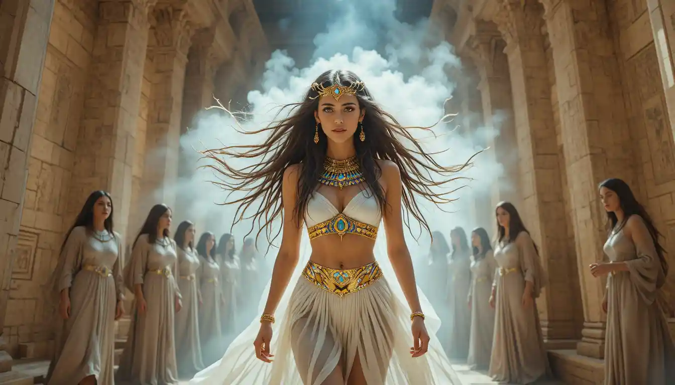 Egyptian queen walking through an ancient temple