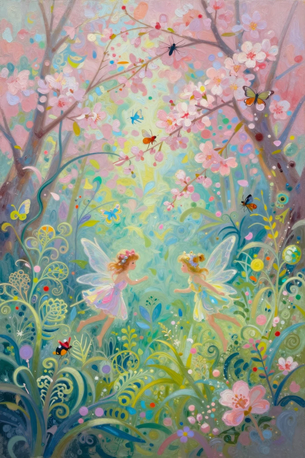Fate che Danzano in una Foresta di Sakura Fantasy dai Toni Pastello