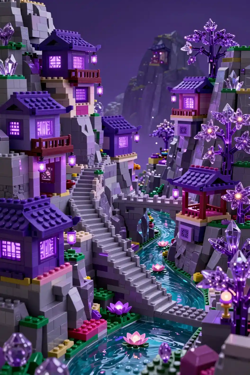 Fantasy mountain town of glowing plastic brick architecture