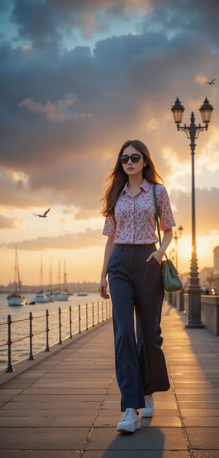 Stylish woman walking along a waterfront at sunset